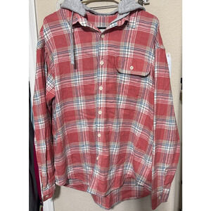 American Eagle Hooded Flannel Shirt Mens Size L pink plaid super soft grunge
